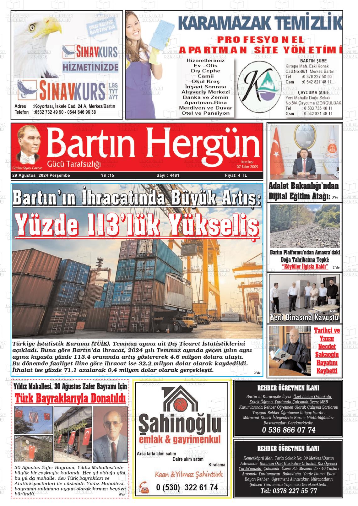 29 Ağustos 2024 Bartın Hergün Gazete Manşeti