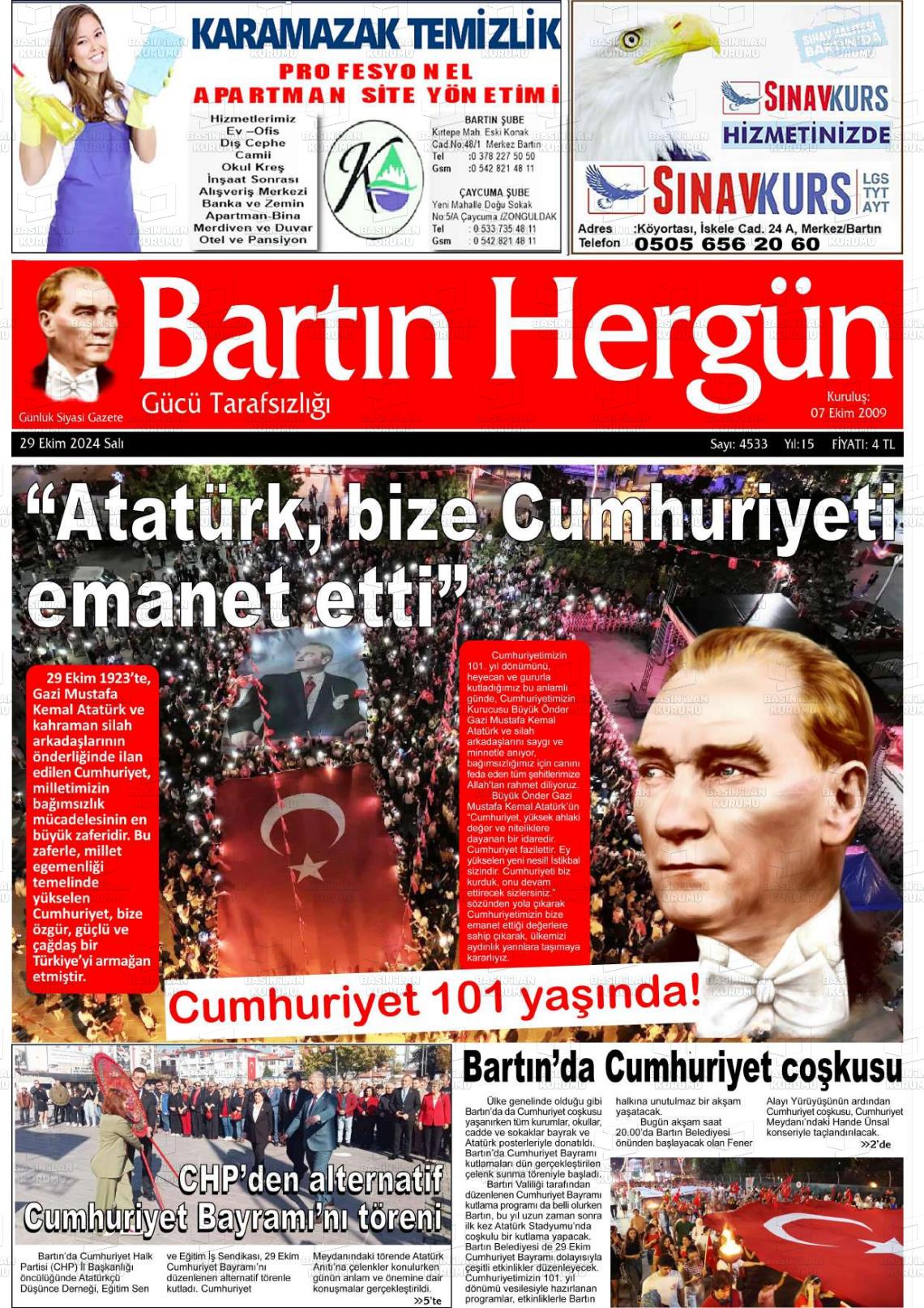 29 Ekim 2024 Bartın Hergün Gazete Manşeti