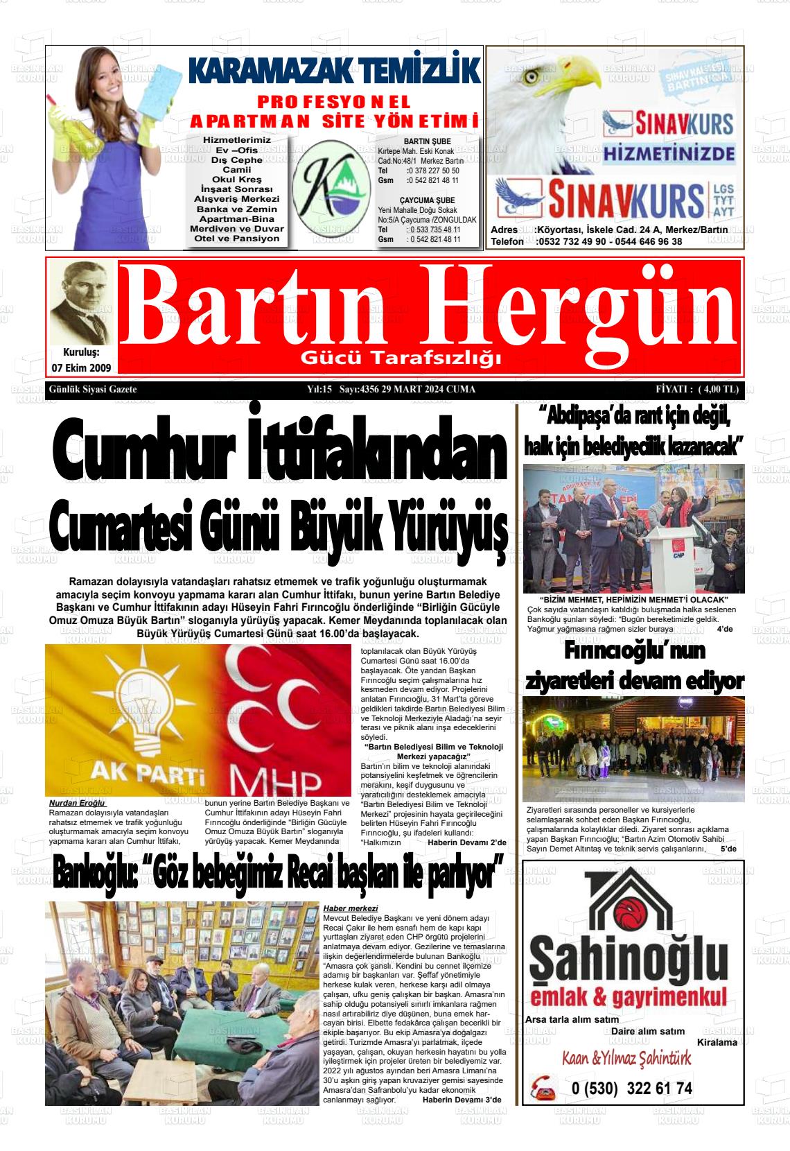 29 Mart 2024 Bartın Hergün Gazete Manşeti