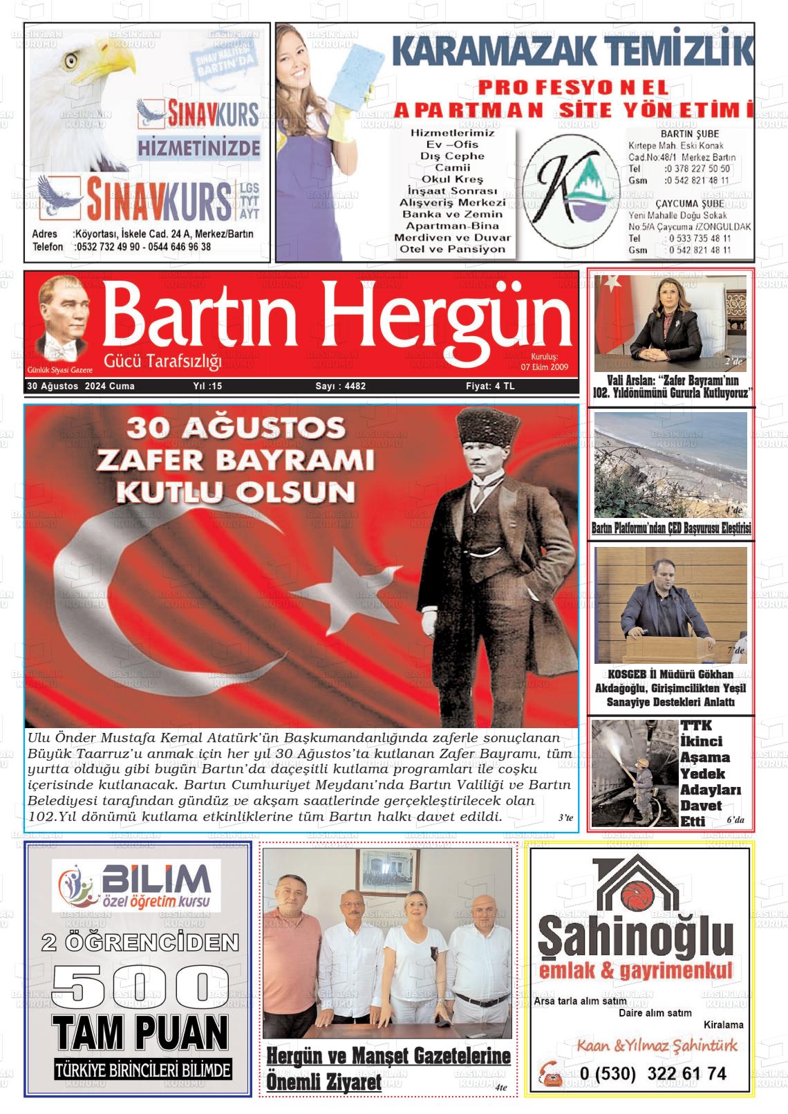 30 Ağustos 2024 Bartın Hergün Gazete Manşeti