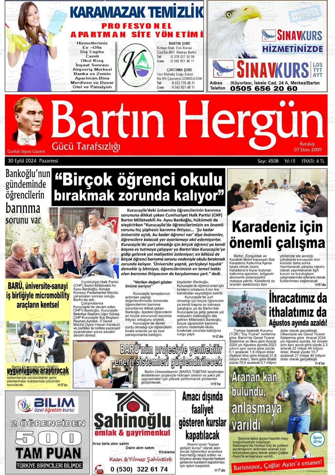 30 Eylül 2024 Bartın Hergün Gazete Manşeti