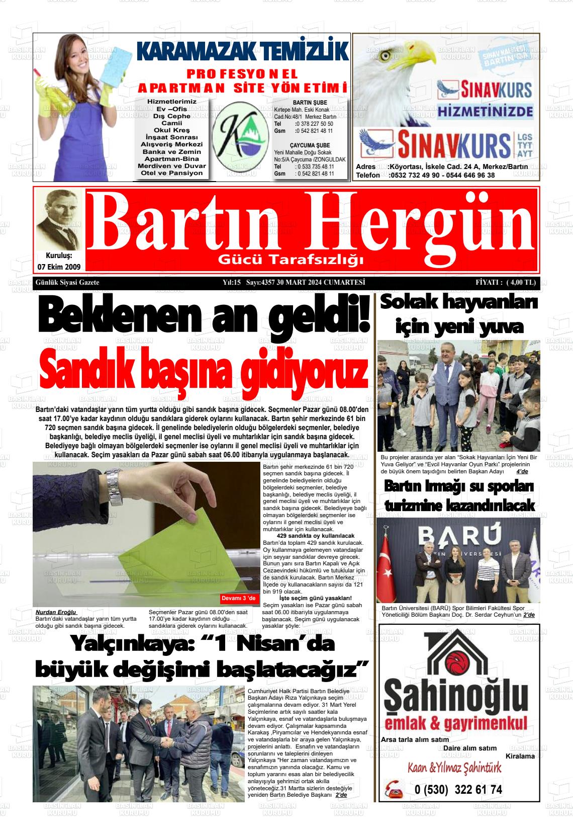 30 Mart 2024 Bartın Hergün Gazete Manşeti