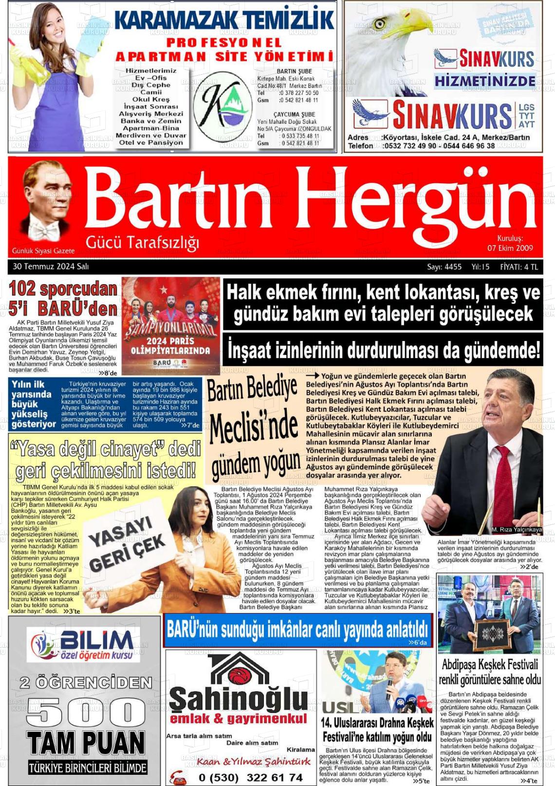 30 Temmuz 2024 Bartın Hergün Gazete Manşeti