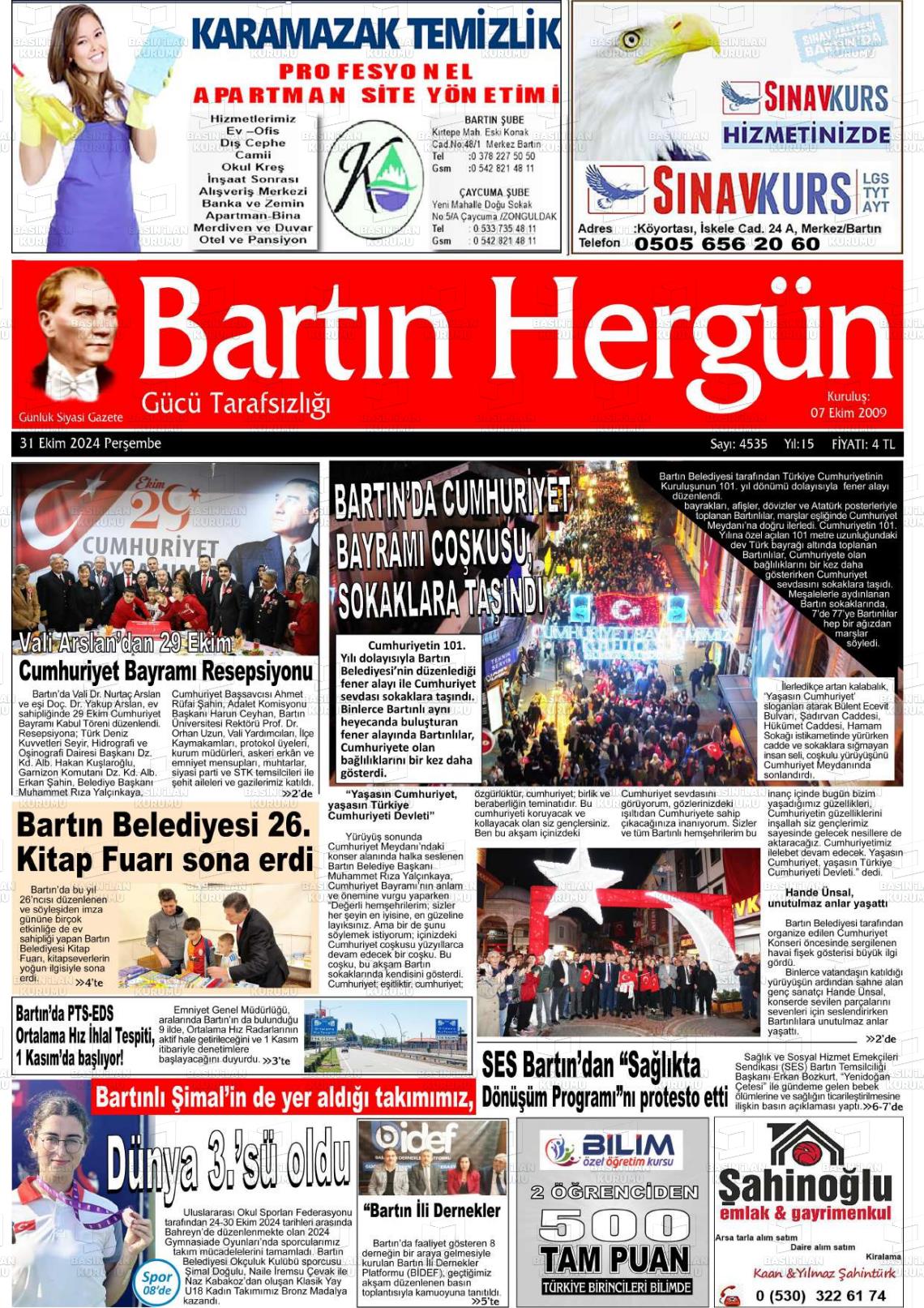 31 Ekim 2024 Bartın Hergün Gazete Manşeti