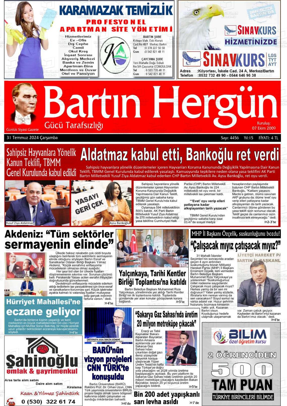 31 Temmuz 2024 Bartın Hergün Gazete Manşeti