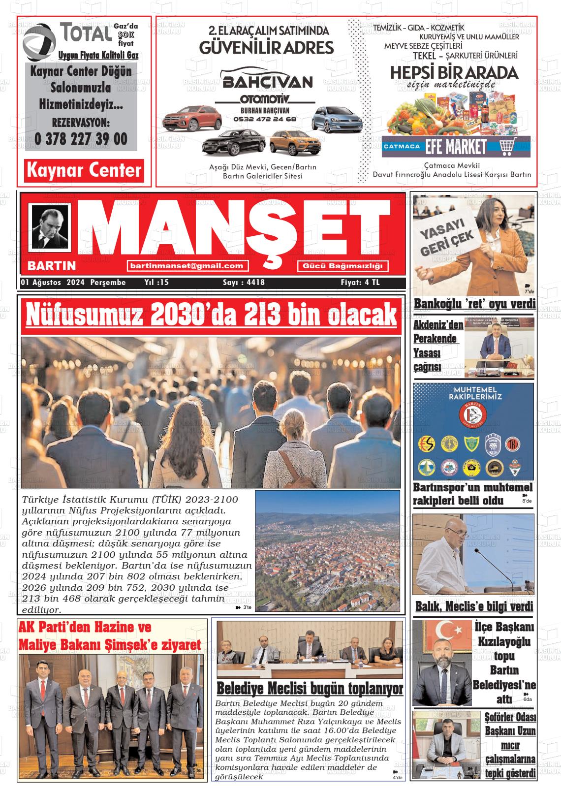 01 Ağustos 2024 Bartın Manşet Gazete Manşeti