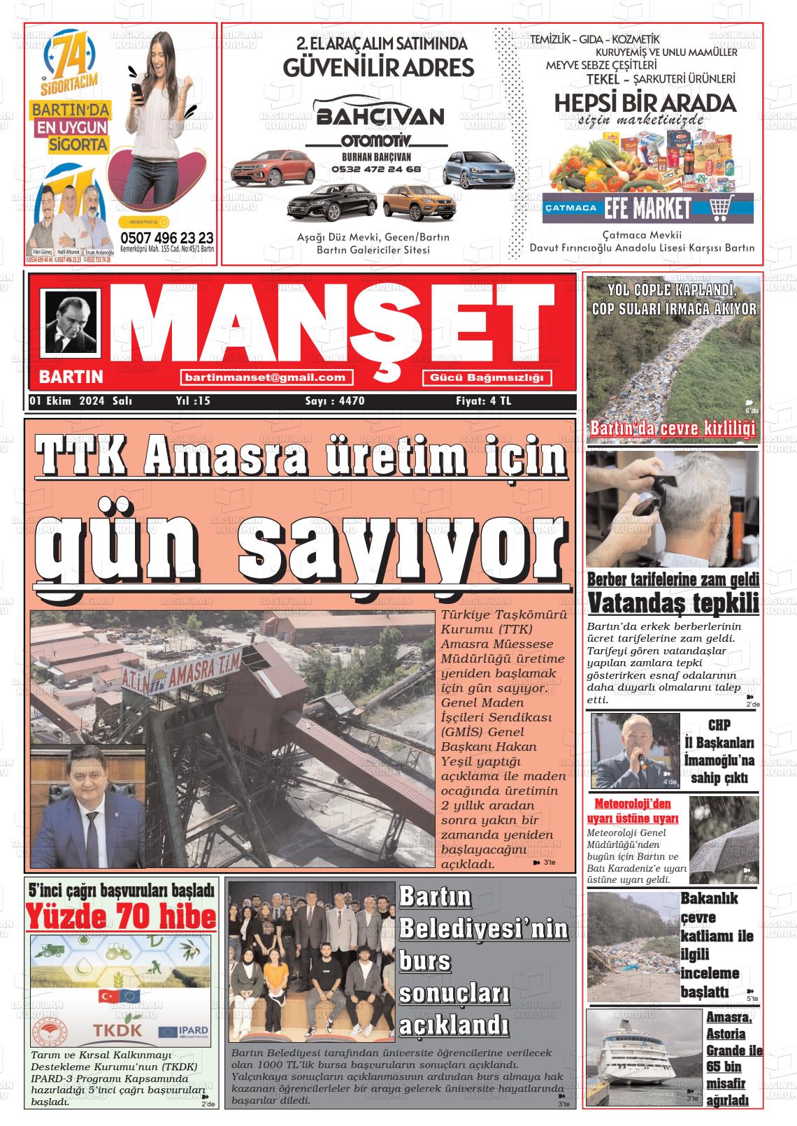 01 Ekim 2024 Bartın Manşet Gazete Manşeti