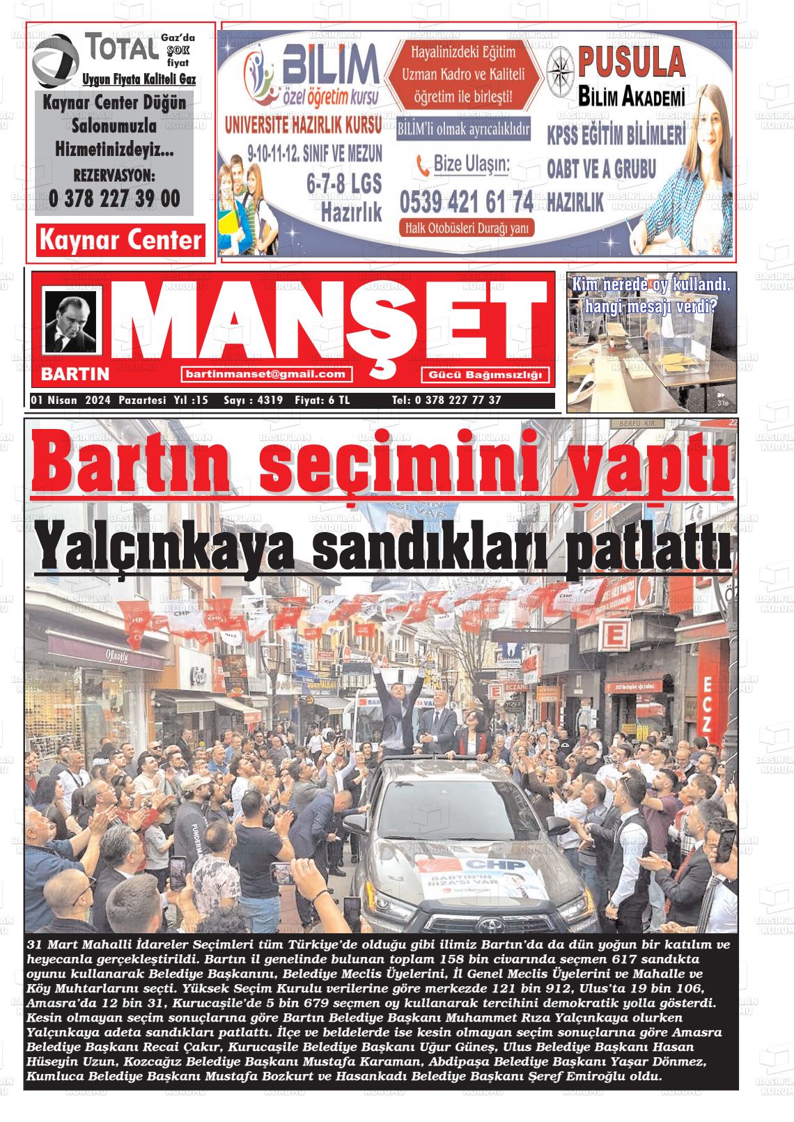 01 Nisan 2024 Bartın Manşet Gazete Manşeti