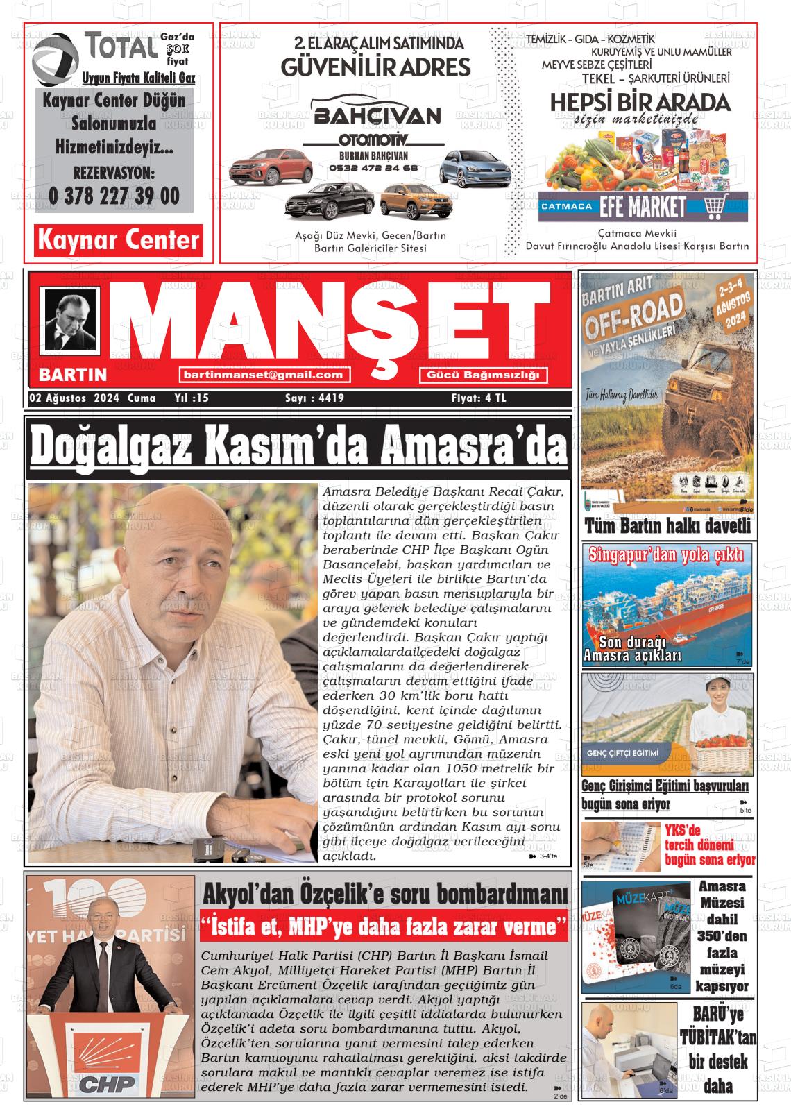 02 Ağustos 2024 Bartın Manşet Gazete Manşeti