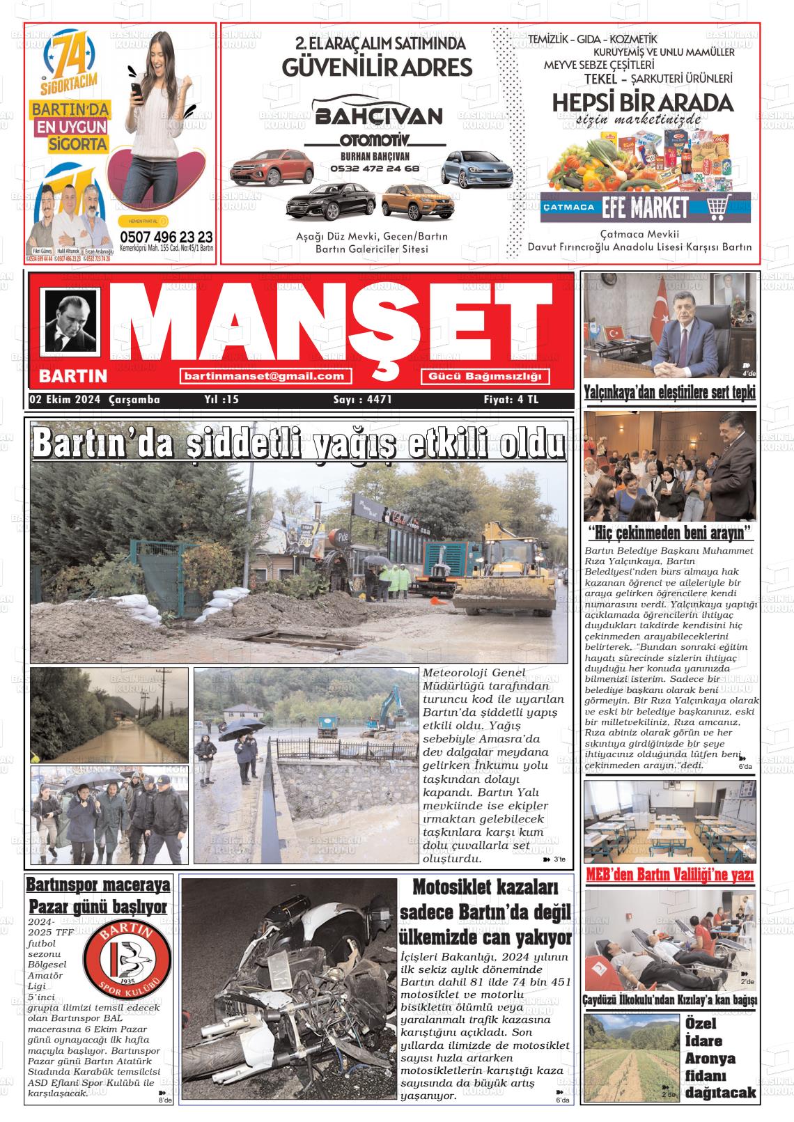 02 Ekim 2024 Bartın Manşet Gazete Manşeti