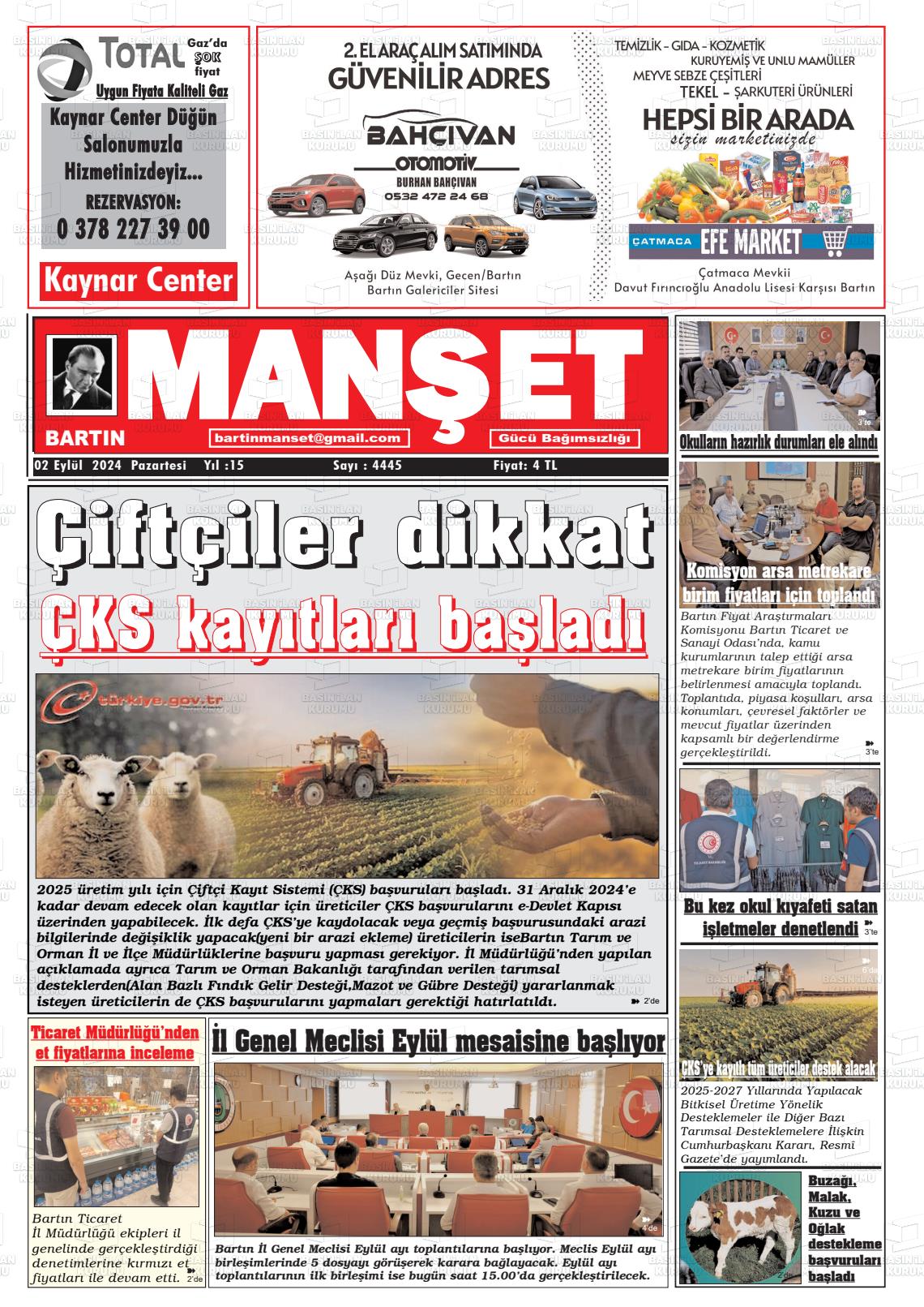 02 Eylül 2024 Bartın Manşet Gazete Manşeti