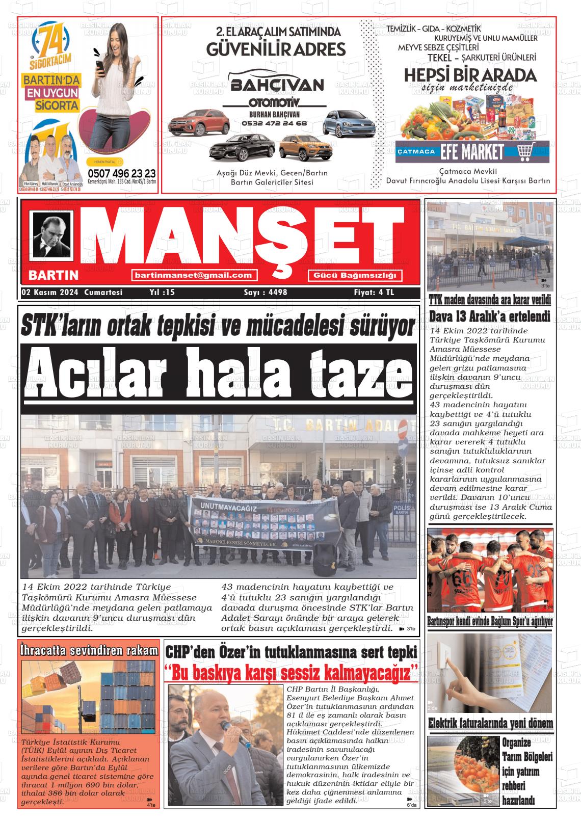 02 Kasım 2024 Bartın Manşet Gazete Manşeti