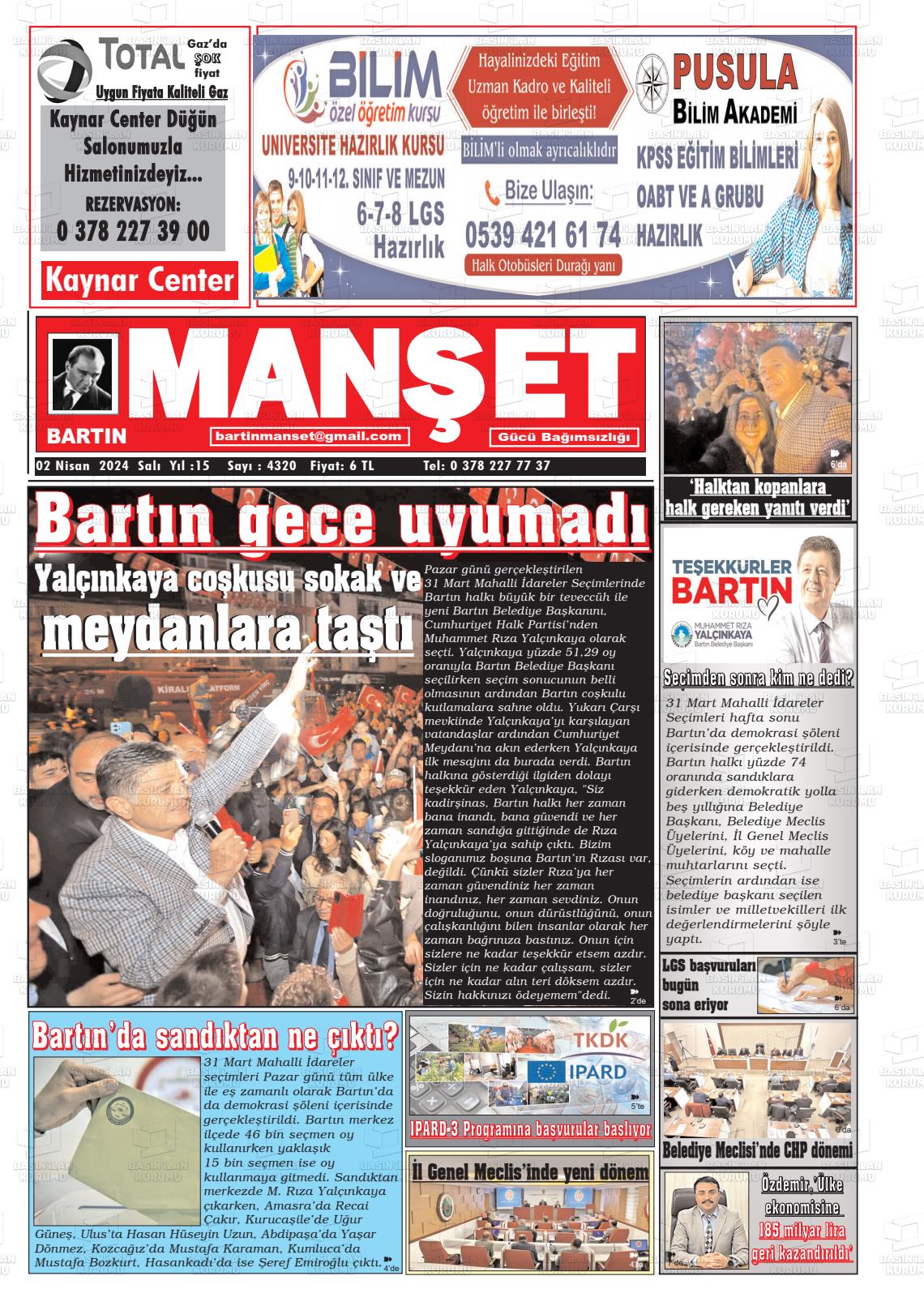 02 Nisan 2024 Bartın Manşet Gazete Manşeti