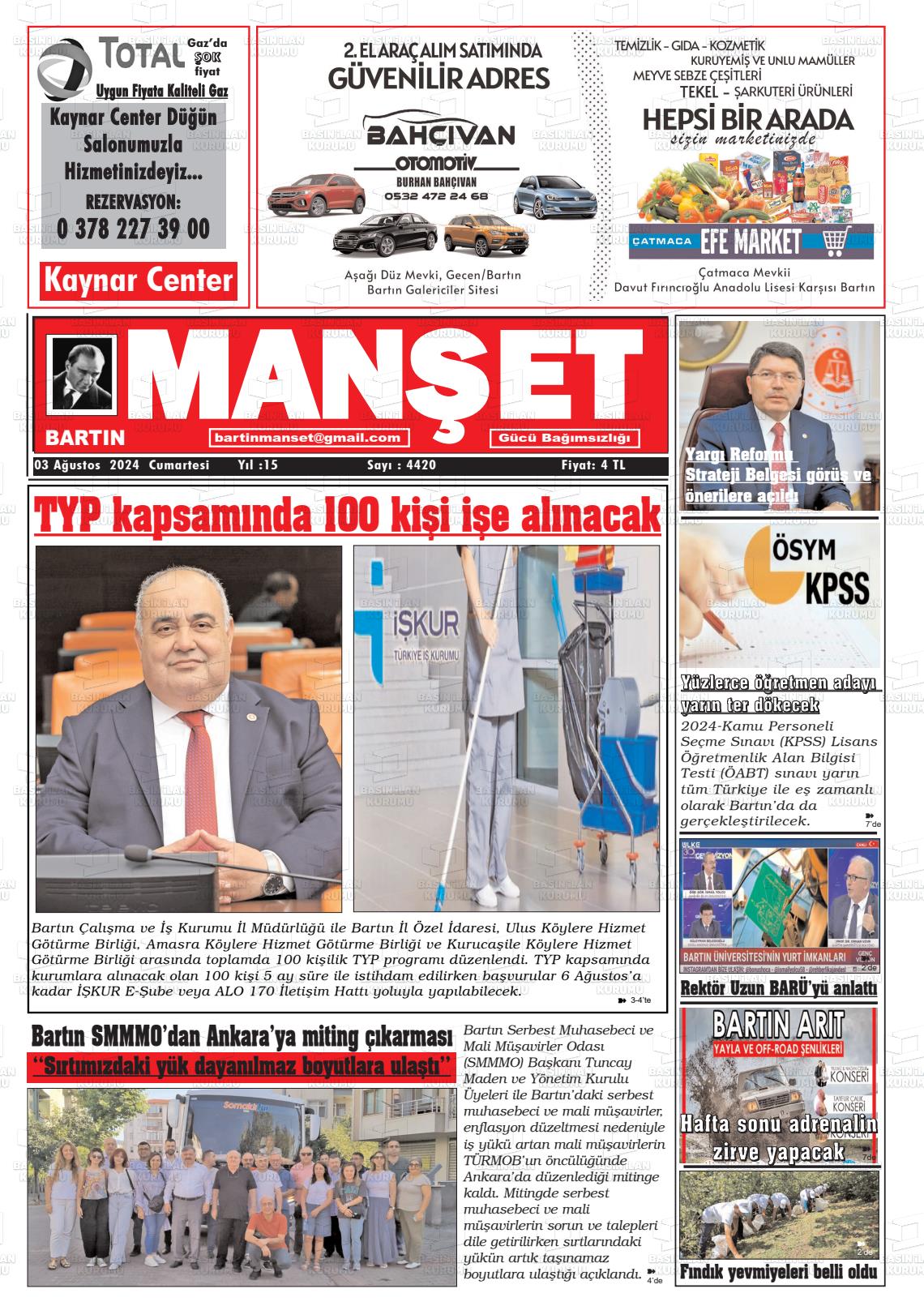 03 Ağustos 2024 Bartın Manşet Gazete Manşeti