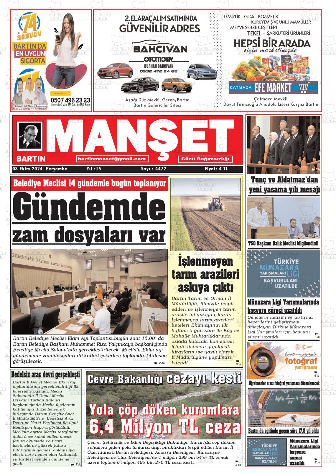 03 Ekim 2024 Bartın Manşet Gazete Manşeti