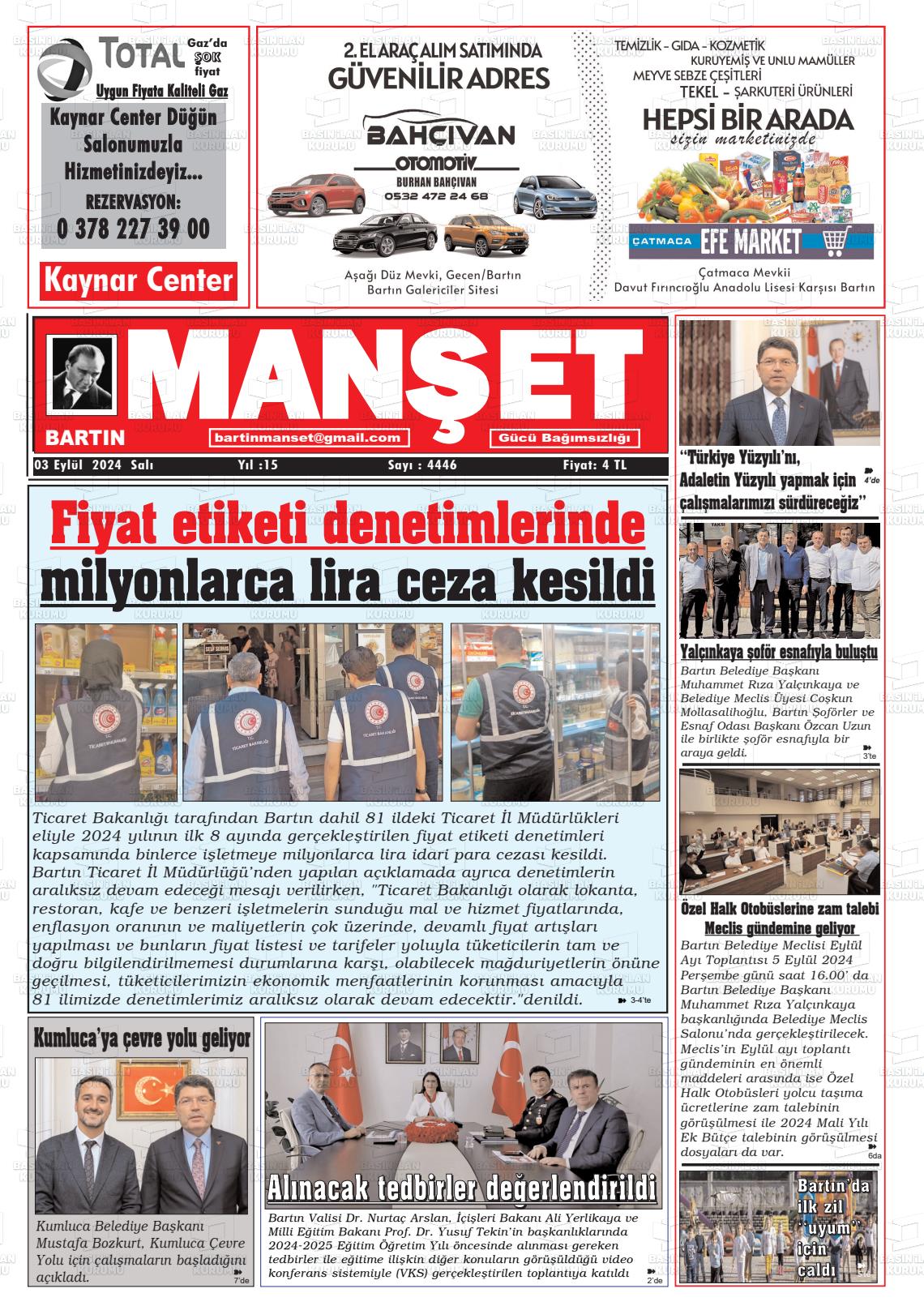 03 Eylül 2024 Bartın Manşet Gazete Manşeti