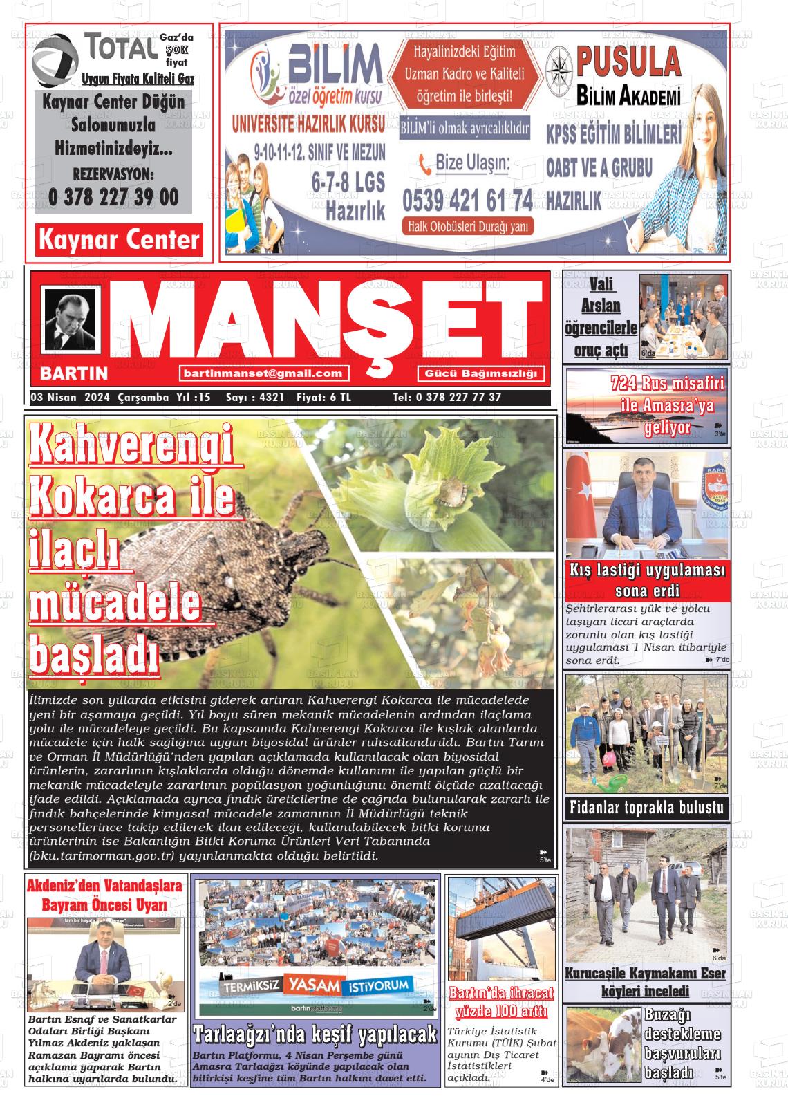 03 Nisan 2024 Bartın Manşet Gazete Manşeti