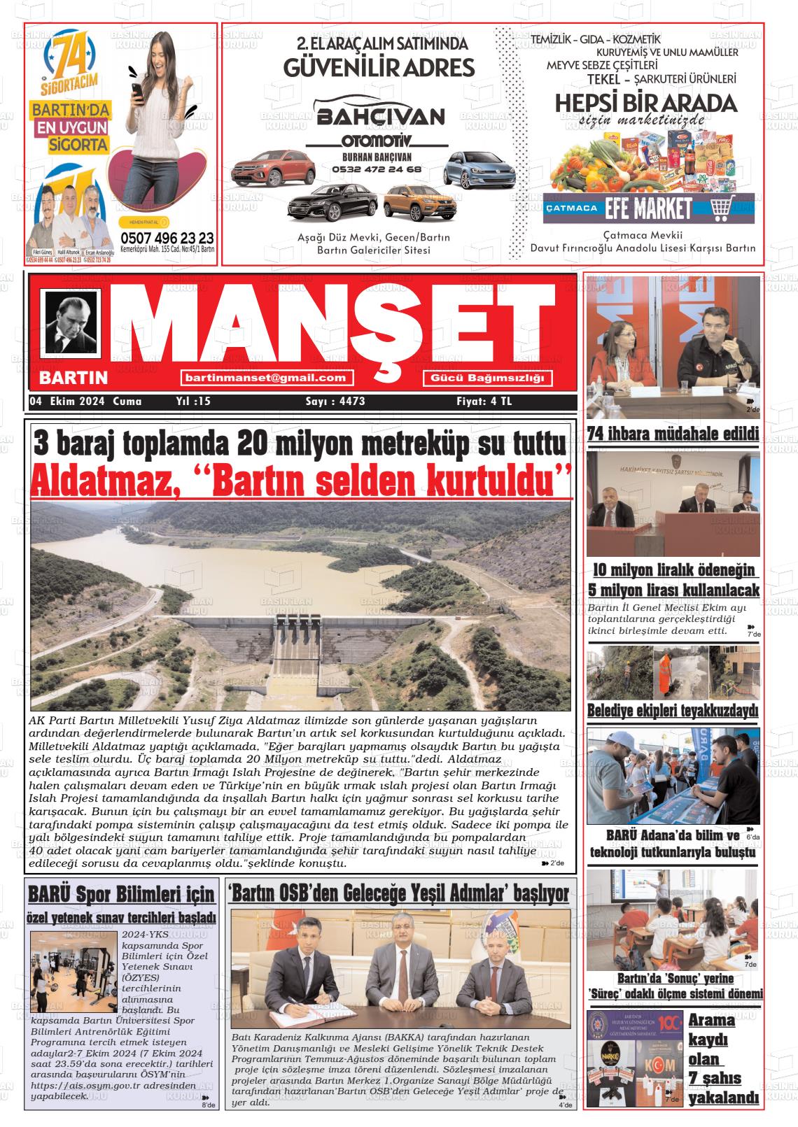 04 Ekim 2024 Bartın Manşet Gazete Manşeti