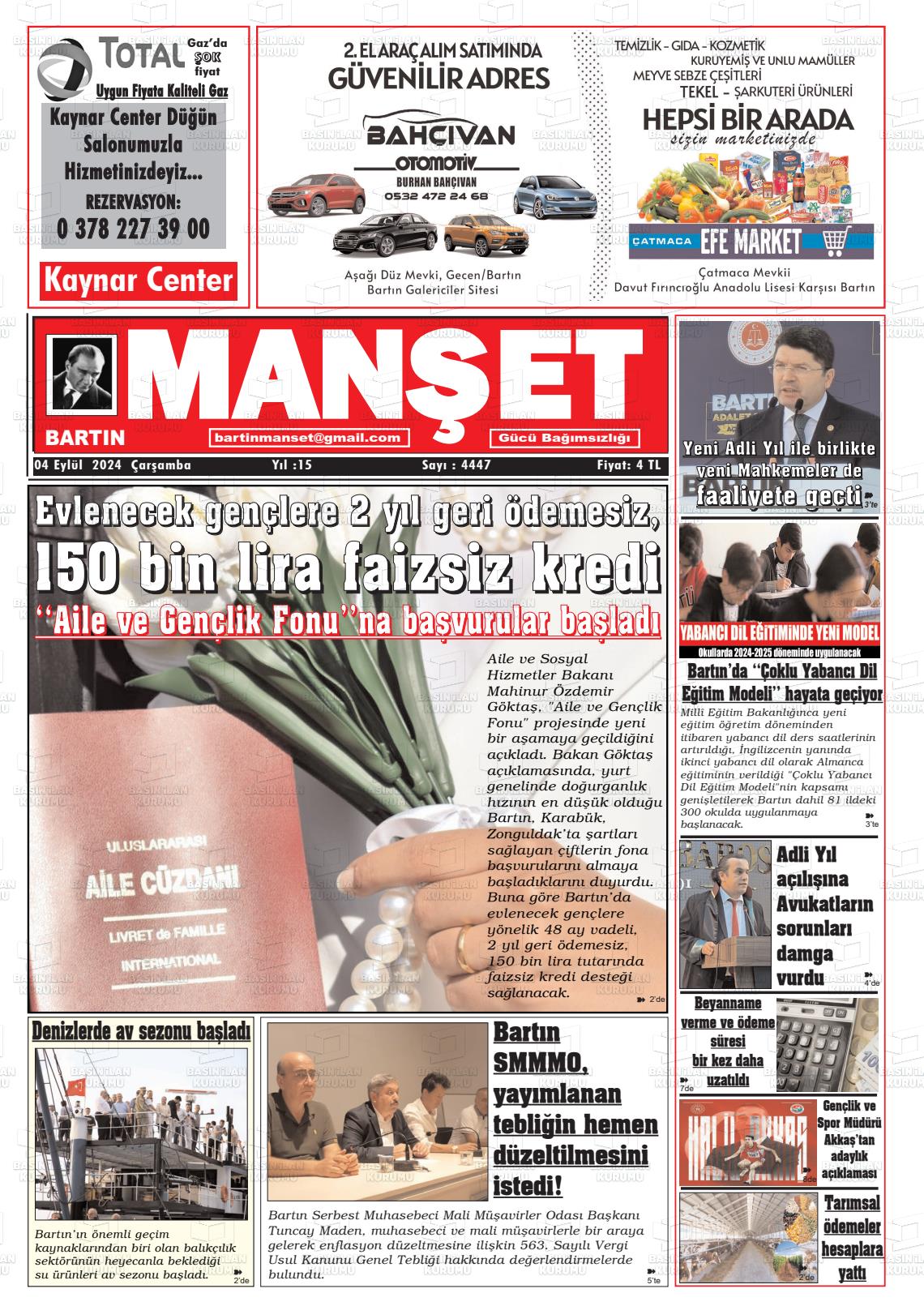 04 Eylül 2024 Bartın Manşet Gazete Manşeti