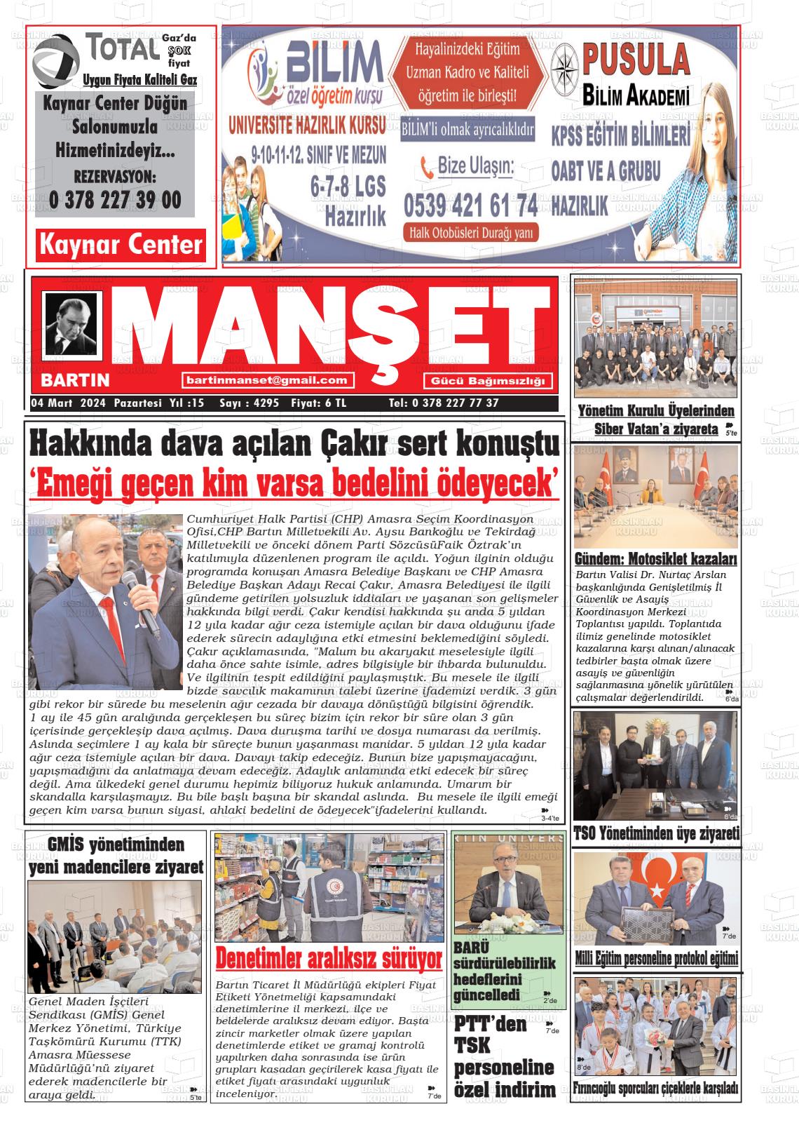 04 Mart 2024 Bartın Manşet Gazete Manşeti