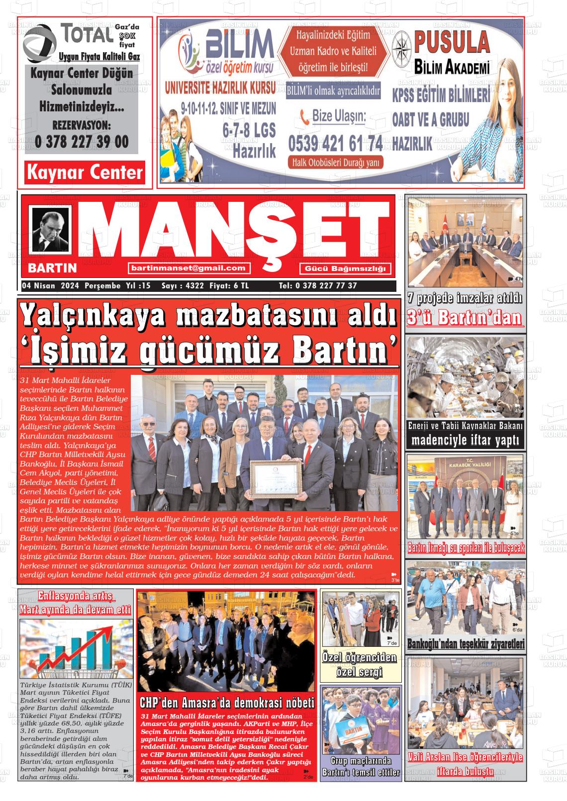 04 Nisan 2024 Bartın Manşet Gazete Manşeti