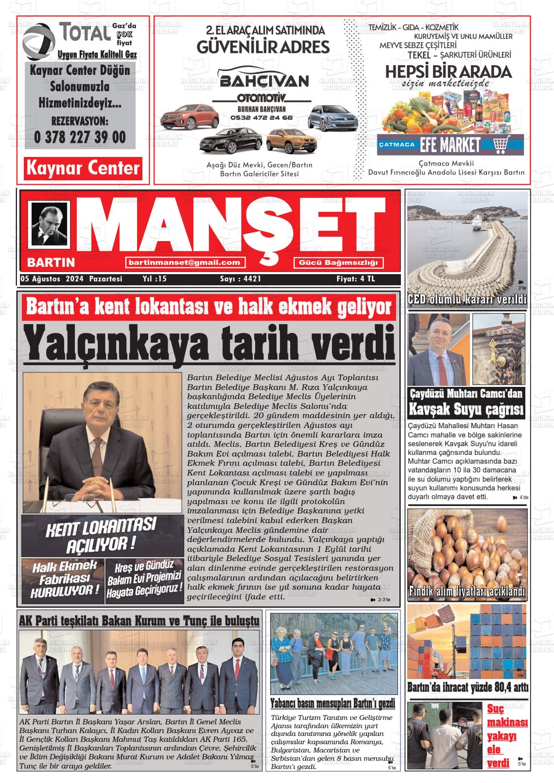 05 Ağustos 2024 Bartın Manşet Gazete Manşeti