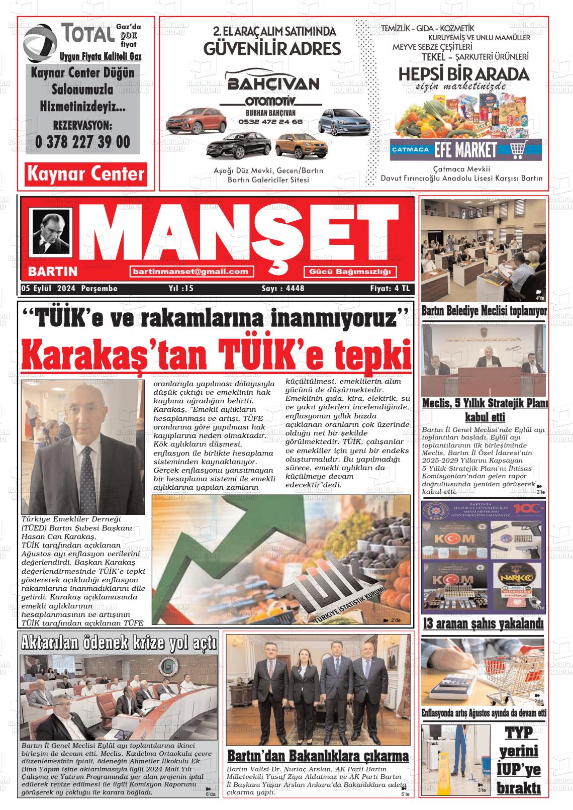 05 Eylül 2024 Bartın Manşet Gazete Manşeti