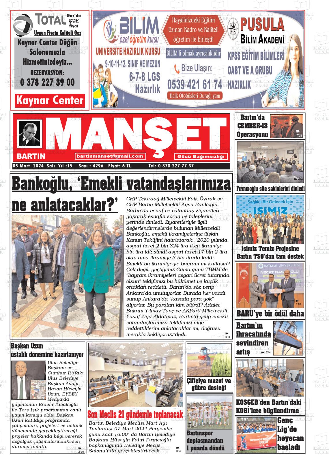 07 Mart 2024 Bartın Manşet Gazete Manşeti