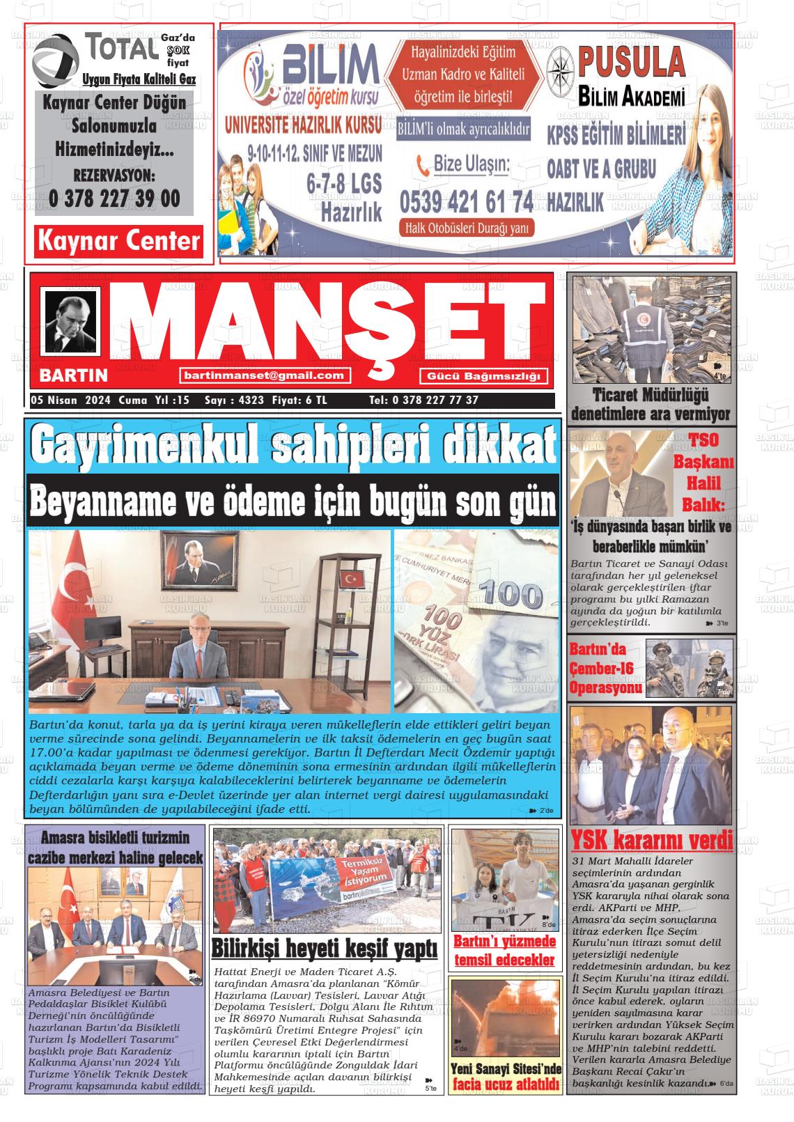 05 Nisan 2024 Bartın Manşet Gazete Manşeti