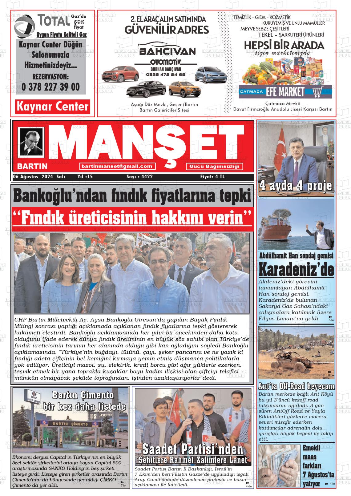 06 Ağustos 2024 Bartın Manşet Gazete Manşeti