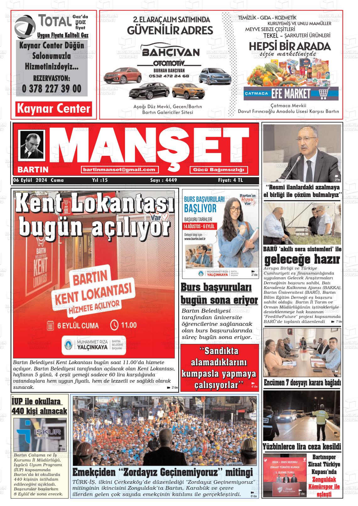 06 Eylül 2024 Bartın Manşet Gazete Manşeti