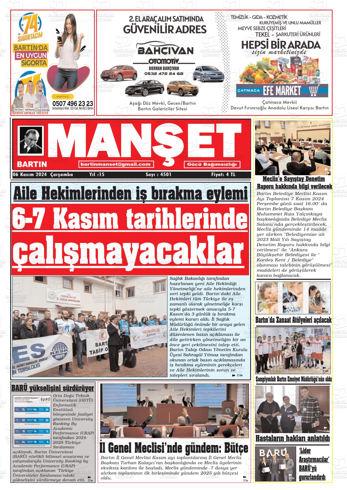 06 Kasım 2024 Bartın Manşet Gazete Manşeti