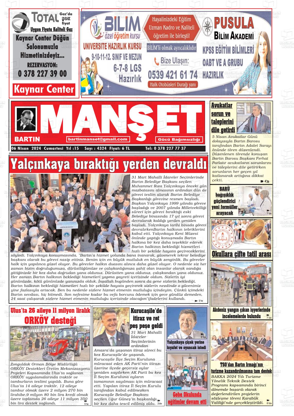 06 Nisan 2024 Bartın Manşet Gazete Manşeti