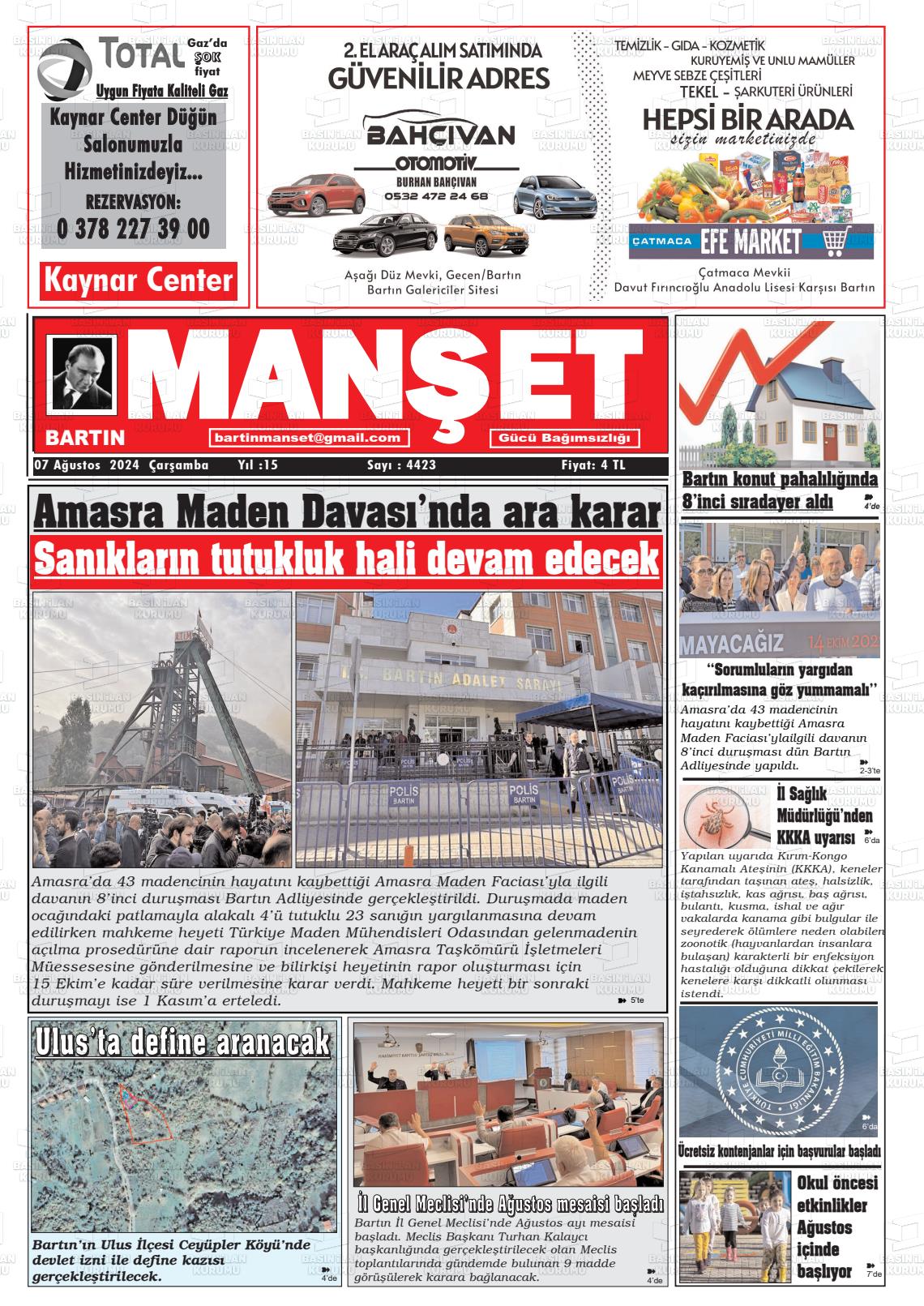 07 Ağustos 2024 Bartın Manşet Gazete Manşeti