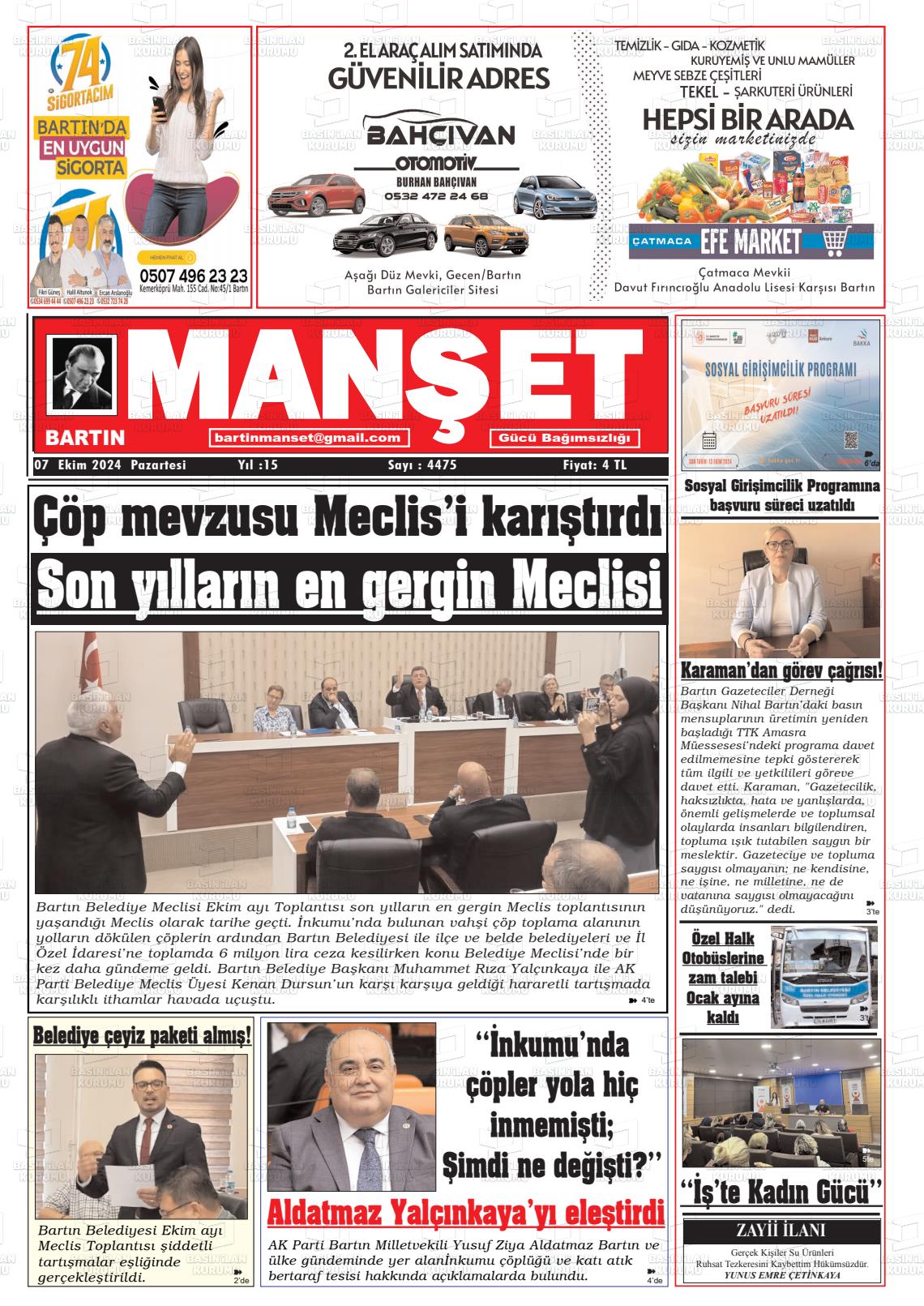 07 Ekim 2024 Bartın Manşet Gazete Manşeti