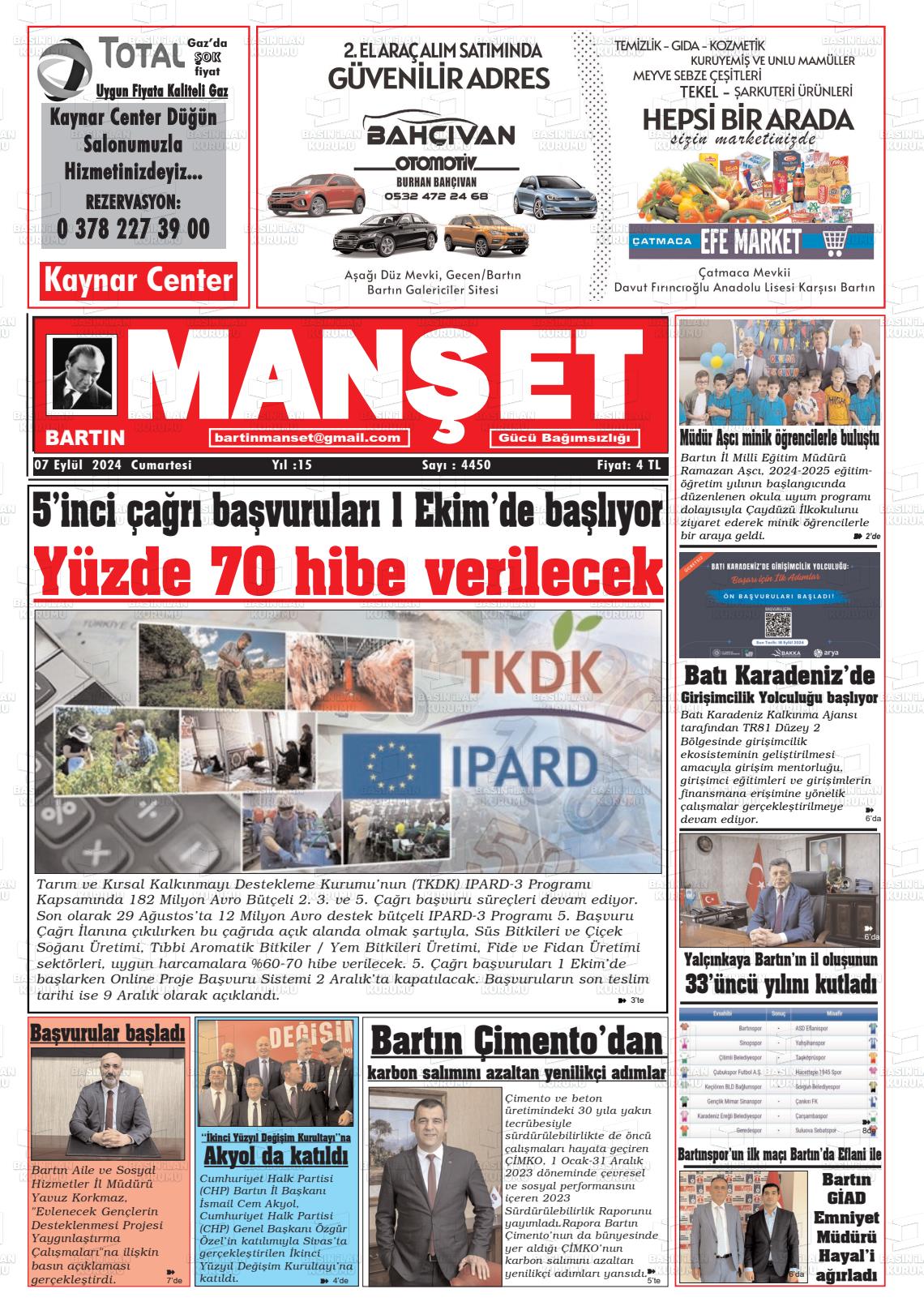 07 Eylül 2024 Bartın Manşet Gazete Manşeti