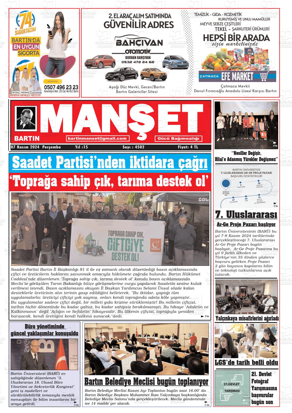 07 Kasım 2024 Bartın Manşet Gazete Manşeti