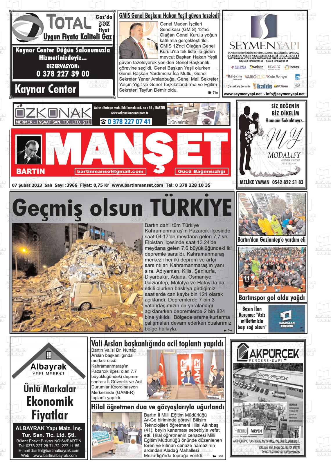 07 Şubat 2023 Bartın Manşet Gazete Manşeti