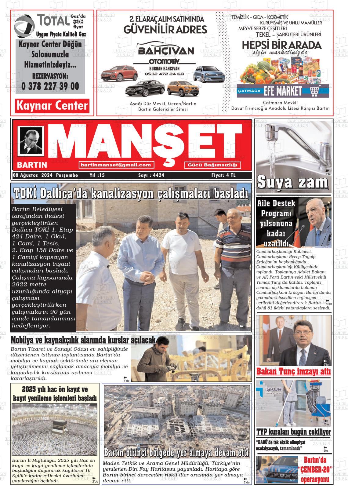 08 Ağustos 2024 Bartın Manşet Gazete Manşeti