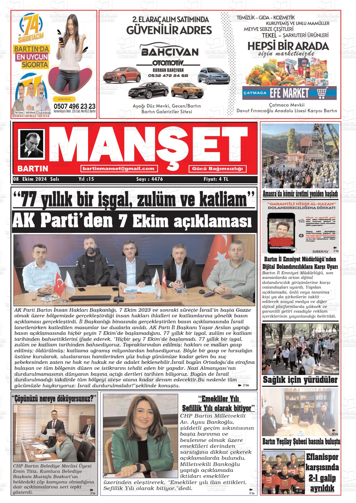 08 Ekim 2024 Bartın Manşet Gazete Manşeti