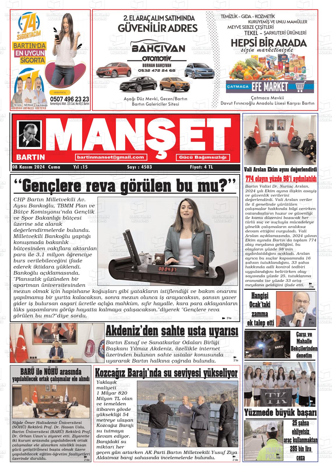 08 Kasım 2024 Bartın Manşet Gazete Manşeti