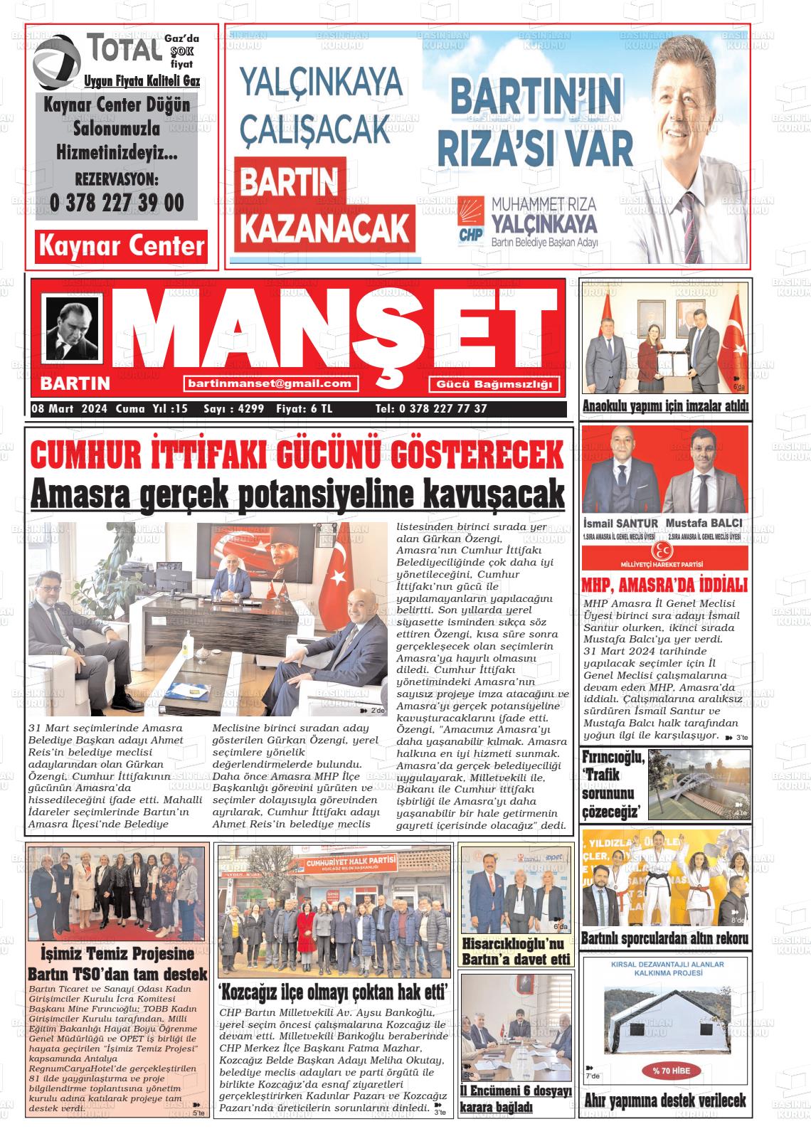 08 Mart 2024 Bartın Manşet Gazete Manşeti