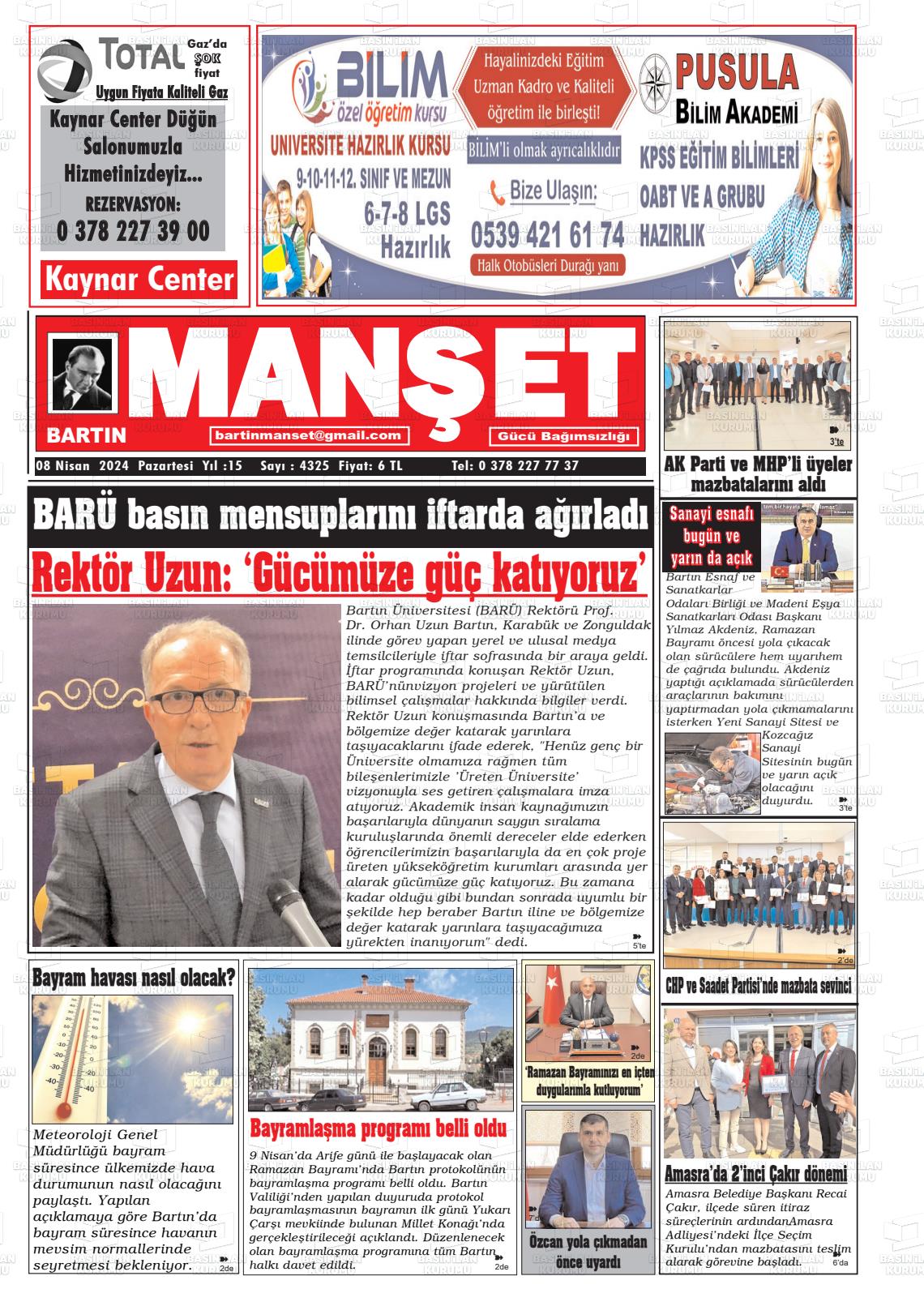 08 Nisan 2024 Bartın Manşet Gazete Manşeti