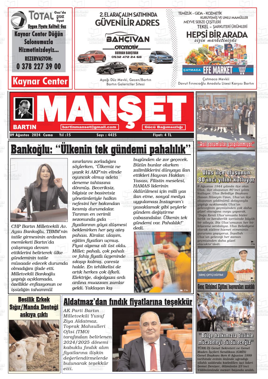 09 Ağustos 2024 Bartın Manşet Gazete Manşeti