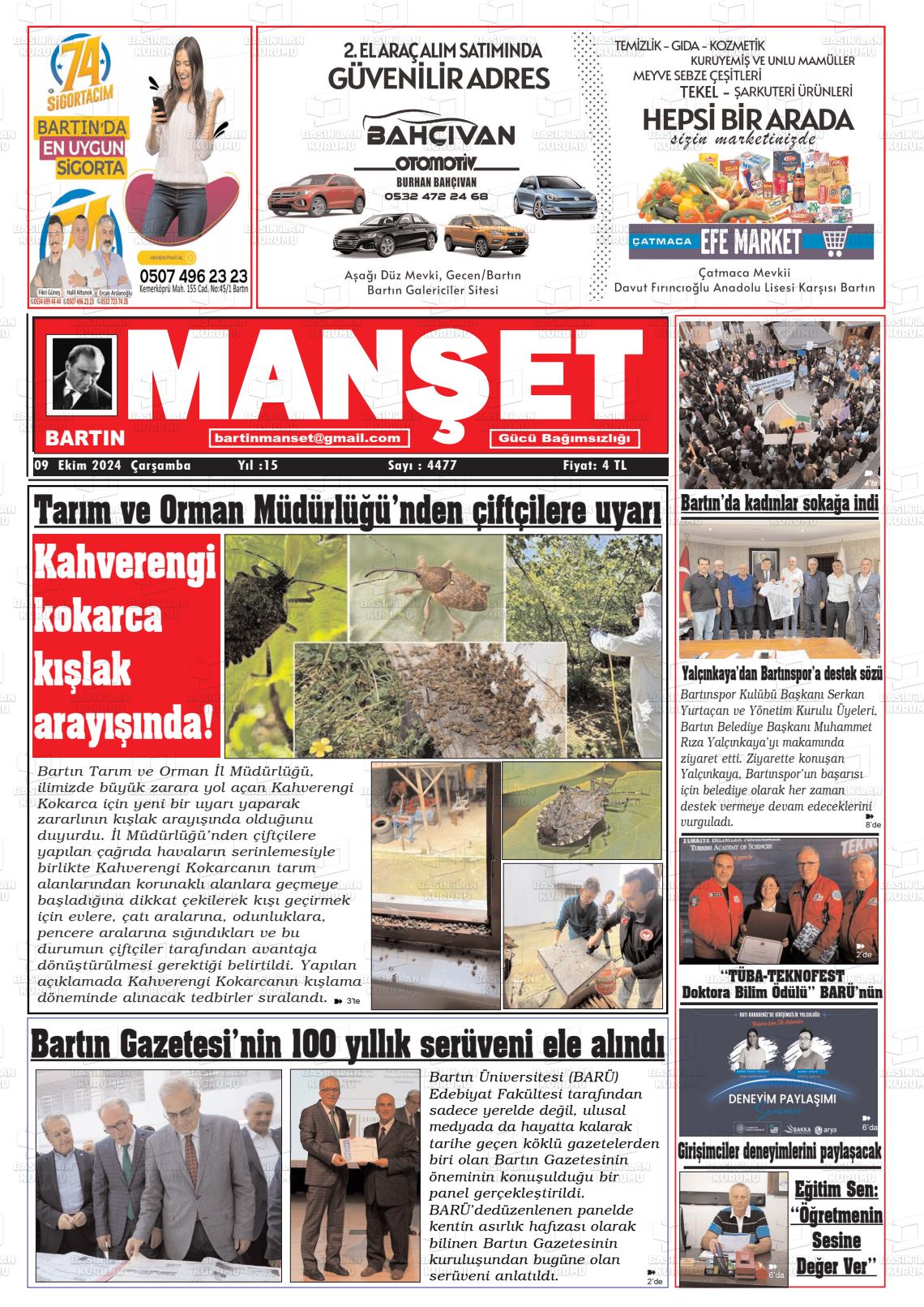 09 Ekim 2024 Bartın Manşet Gazete Manşeti