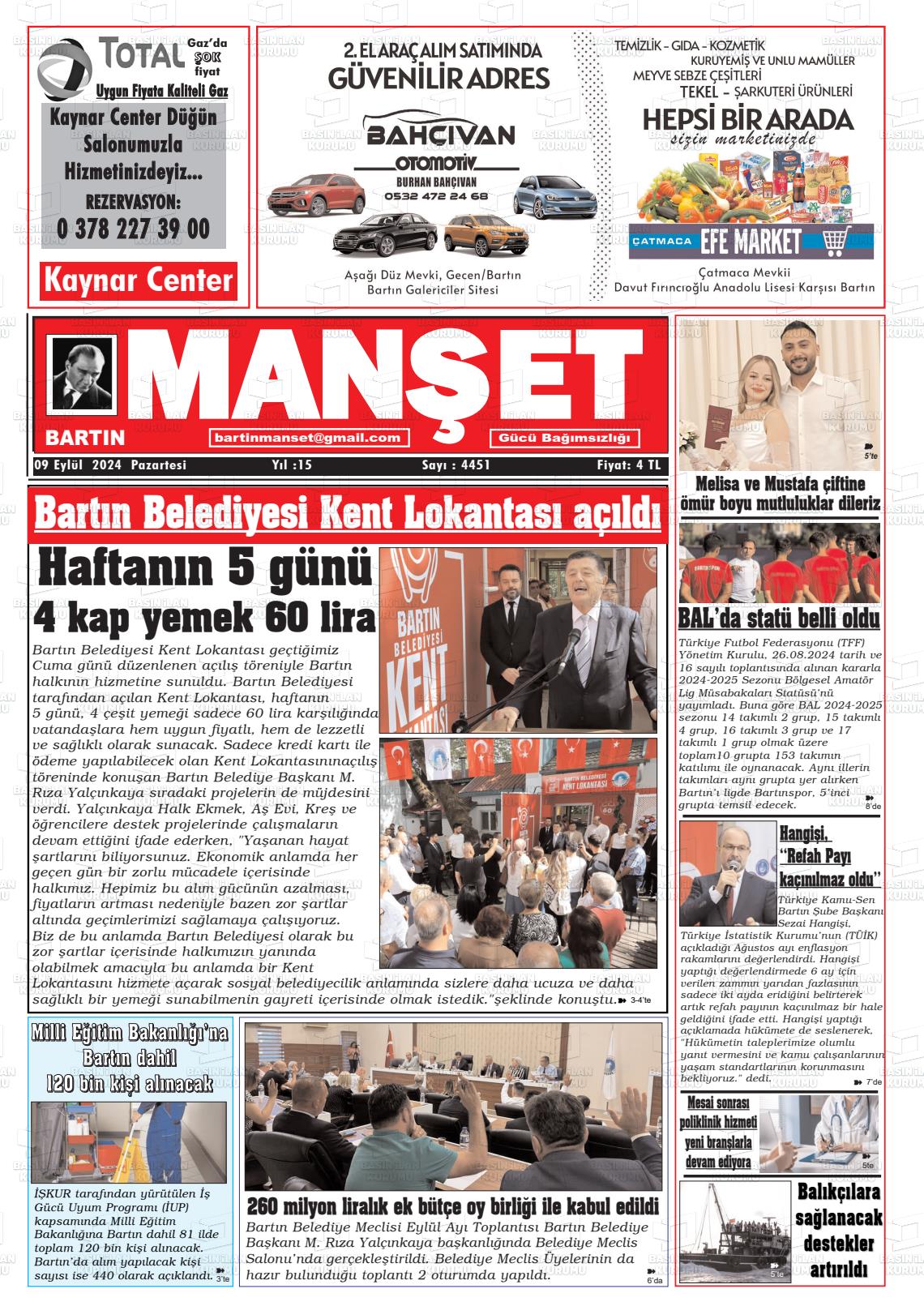 09 Eylül 2024 Bartın Manşet Gazete Manşeti