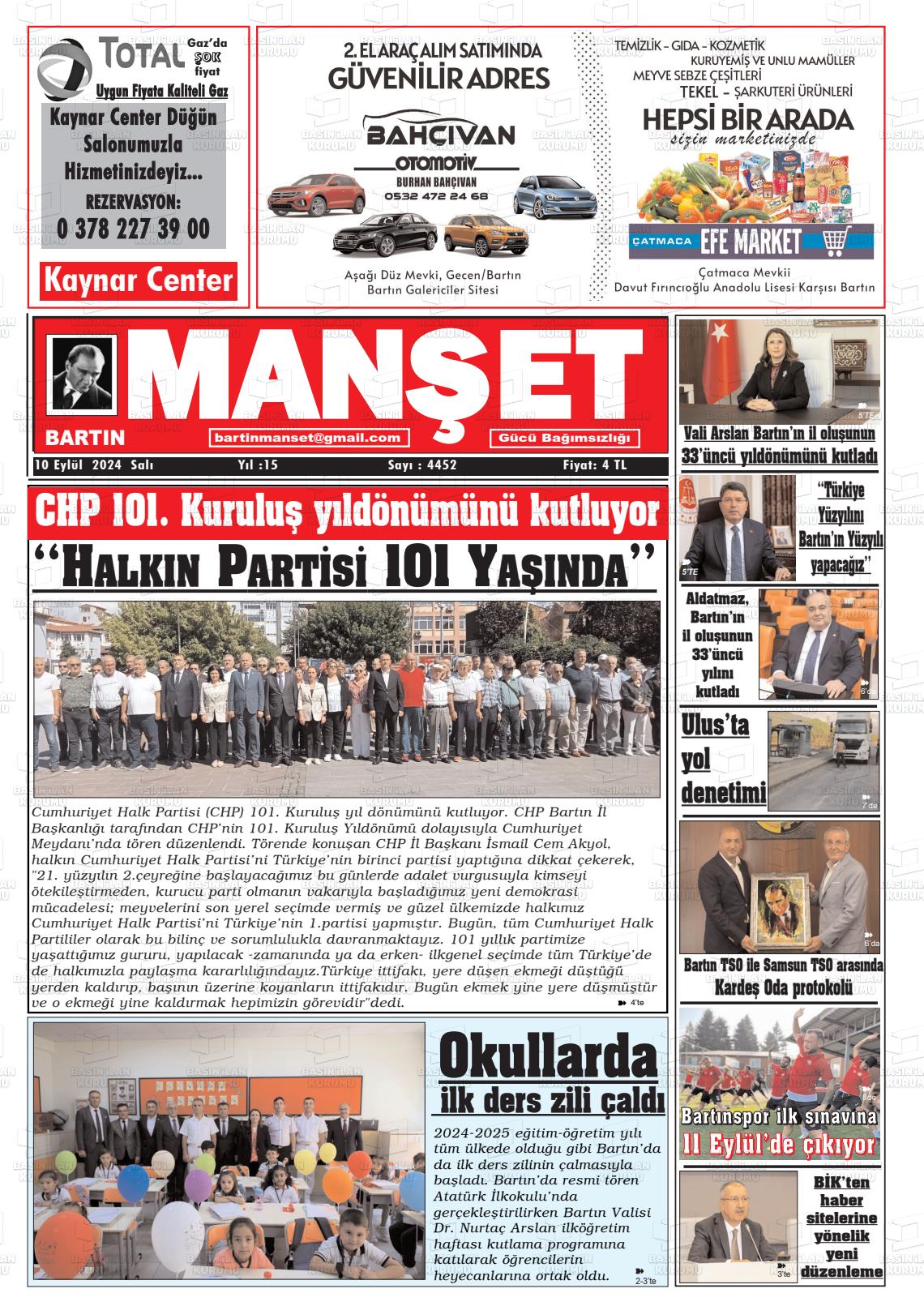 10 Eylül 2024 Bartın Manşet Gazete Manşeti