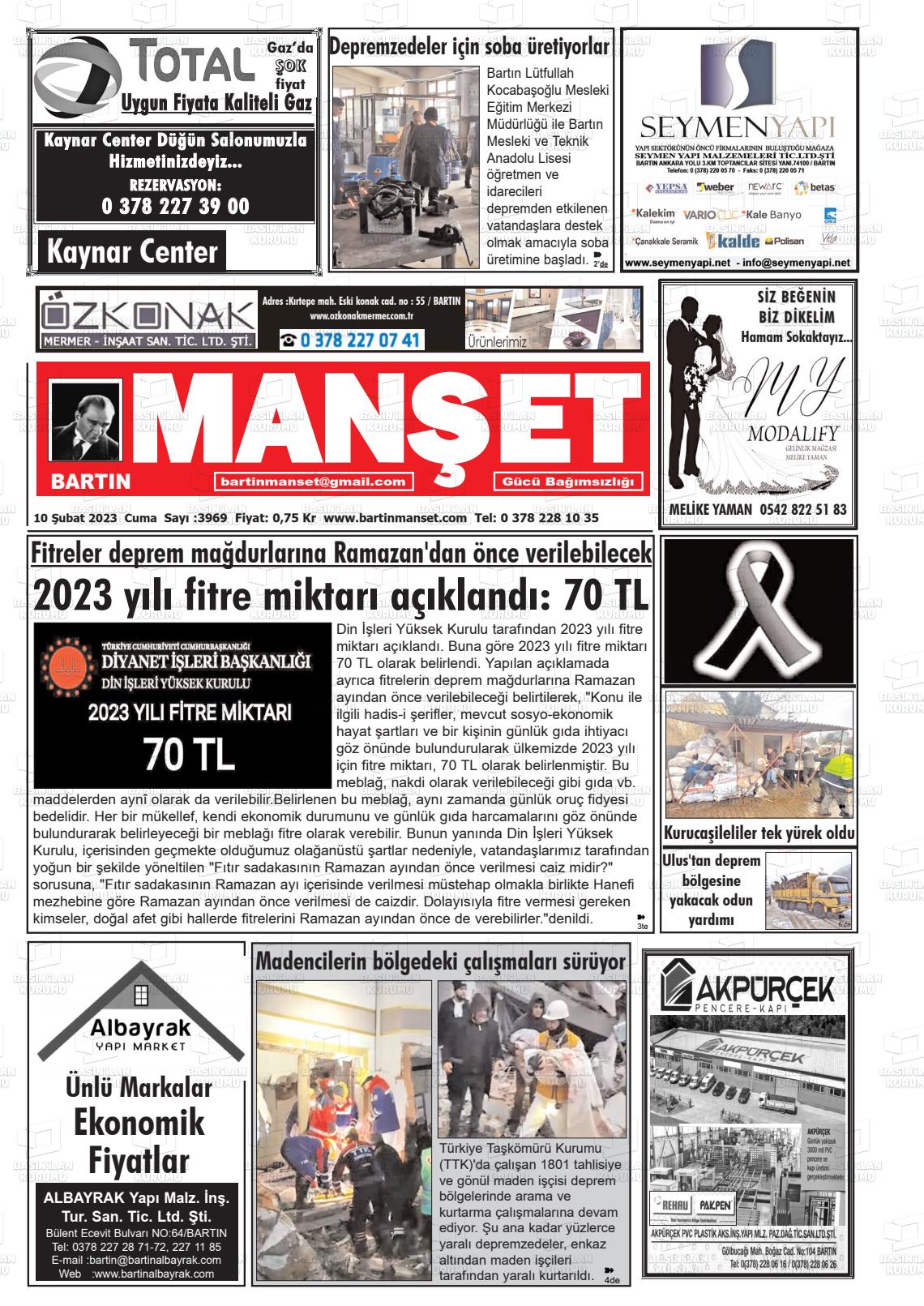 10 Şubat 2023 Bartın Manşet Gazete Manşeti