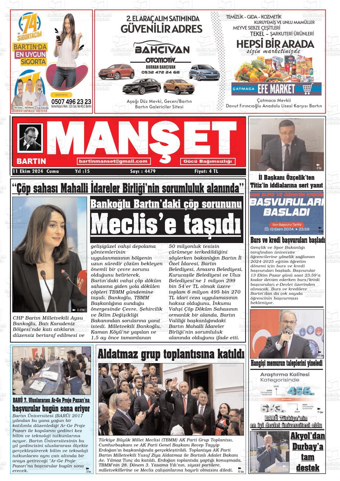 11 Ekim 2024 Bartın Manşet Gazete Manşeti