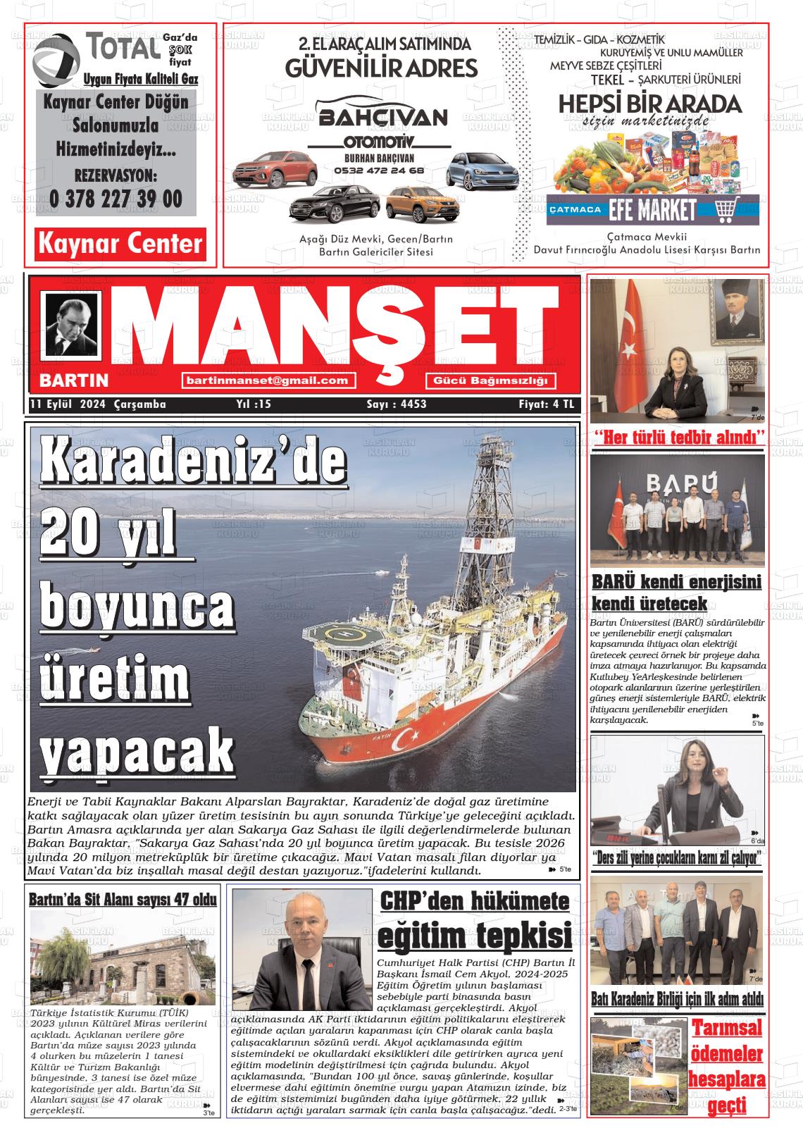 11 Eylül 2024 Bartın Manşet Gazete Manşeti